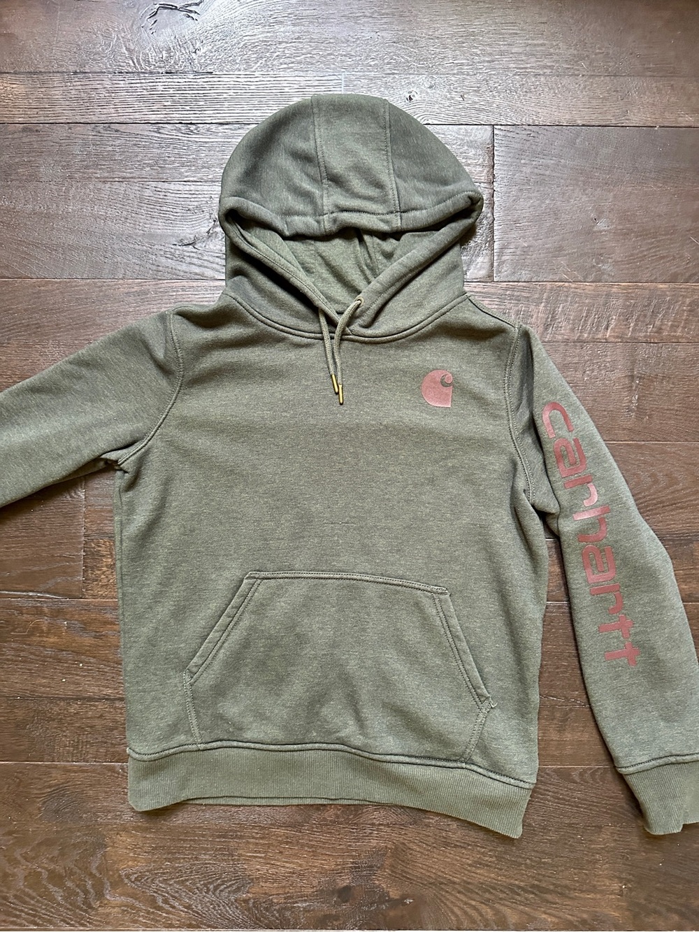 Carhartt Olive Green Hoodie with Brown Logo and Sleeve Script Size S